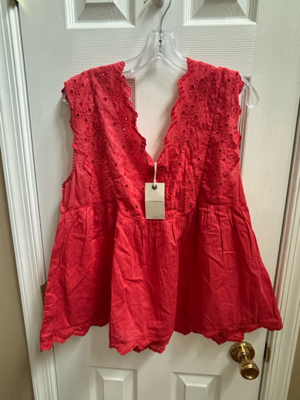 Lucky Brand Coral (NOT WHITE) Eyelet Cap-Sleeve Cotton Peasant Top, Size L, NWT - Picture 2 of 6